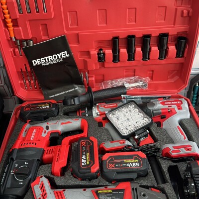 Destroyel 5’li Güç Seti – 1200 Torklu 13mm Vidalama + 3 Modlu Hilti + Spiral + Projektör + Hızlı Şarj