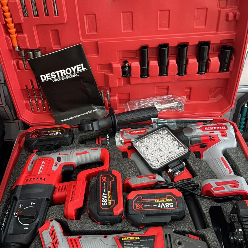 Destroyel 5’li Güç Seti – 1200 Torklu 13mm Vidalama + 3 Modlu Hilti + Spiral + Projektör + Hızlı Şarj